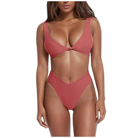 JIANJIA Womens Swimsuits Solid Color Strappy Brassiere With High Waisted Thongs Sexy Fashion Swimsuit Beach Two Piece Bikinis Swimwears Bathing Suits Pink S
