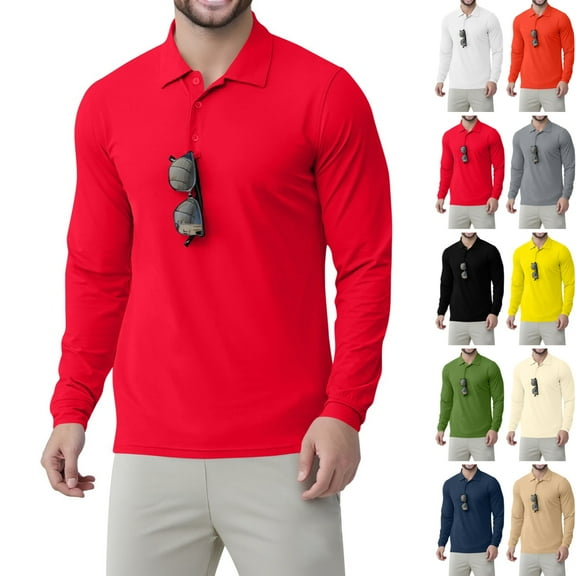 Zimjoy Men's Polo Shirts Casual Soft Long Sleeve Shirts Lightweight V-Neck Henley Button Shirt Regular Fit Quick Dry UPF 50 Pullover, Red L