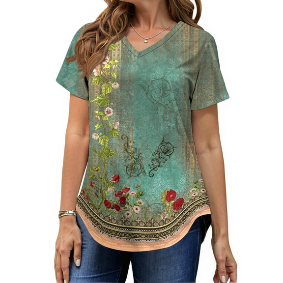 MOSHU Plus Size T-shirts for Women V Neck Summer Tunic Tops Floral Print Curved Hem Women Shirts