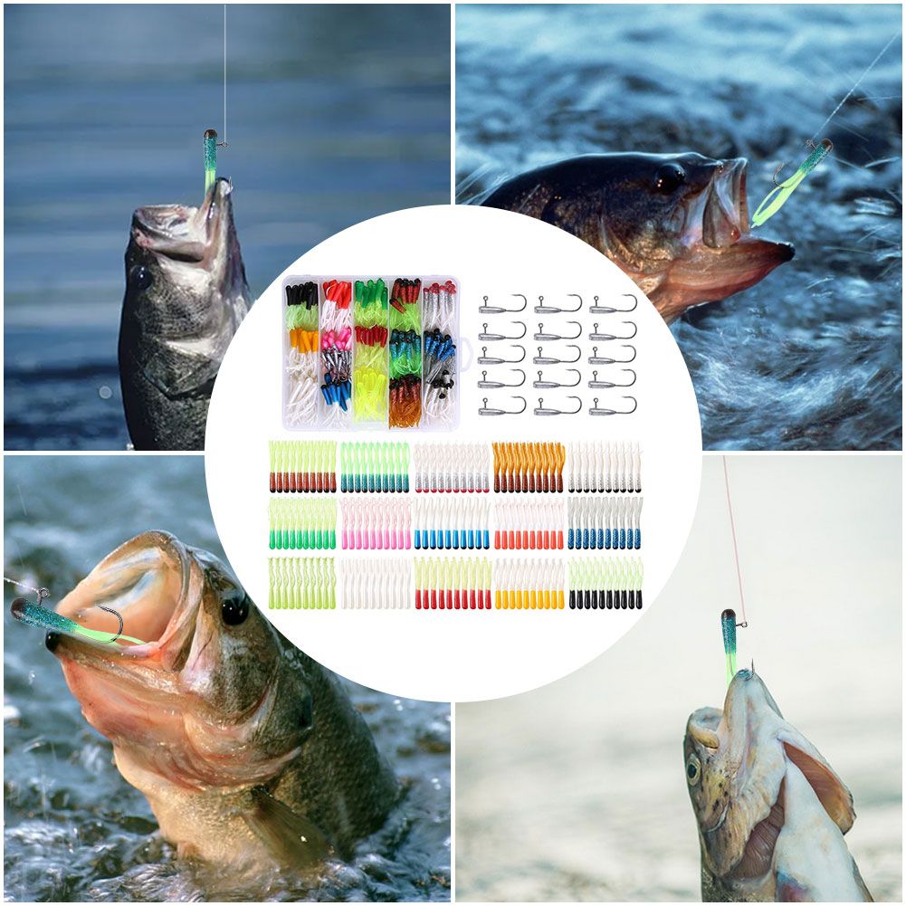 HUISZJ 165pcs Fishing Lure Set, Small Soft Tube Bass Lure Bait with Jig Hooks, Fishing Lure Artificial Bait Soft Worm Bait Silicone Swimbait