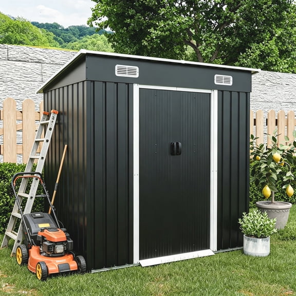 6x4 FT Outdoor Storage Shed with Window, Outdoor Waterproof Storage Shed, Lockable Sliding‑Door Metal Garden Shed Weather Resistant Tool Storage House Shed for Garden,Backyard, Black