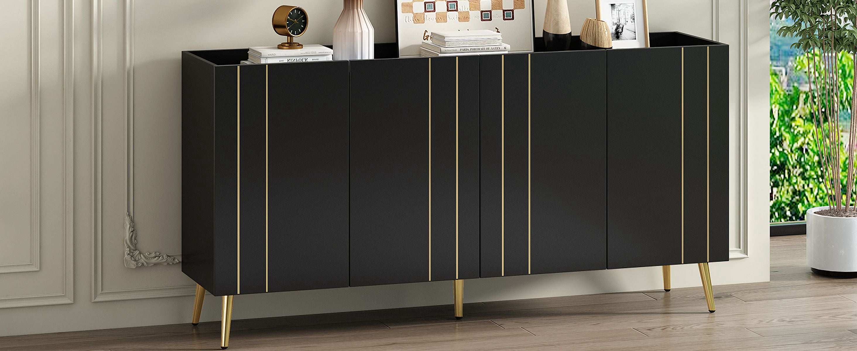 MAYEERTY Luxurious Shoe Cabinet with 5 Metal Legs, Modern TV Stand with 4 Adjustable Shelves for TVs Up to 70", Minimalist Sideboard Cabinet with Gold Lines Doors for Living Room,62.9"x 31.4",Black