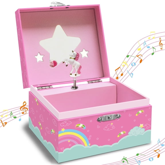 Magical Unicorn Jewelry Box for Family - Spinning Unicorn with Star Mirror, Women Music Box 6-8 Birthday Easter Christmas Gift, 5.9 x 5.1x 3.5 in