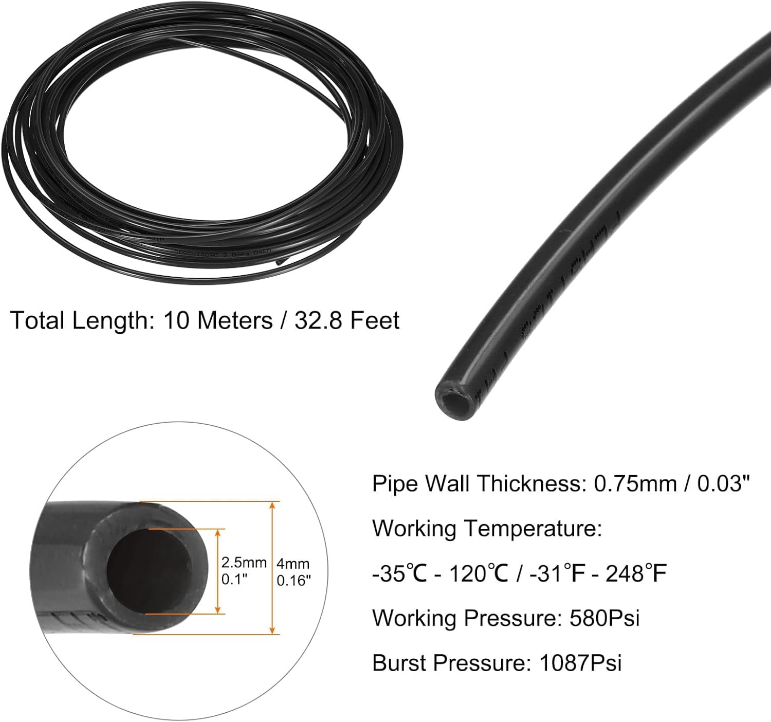 MKEUDQ-Pneumatic Air Line Tubing 4mm OD x 2.5mm ID 10 Meters(32.8 FT) Air Compressor Nylon Tubes Polyamide Air Tubing Hose Tube for Air Compressor Water Fluid Transfer, Black
