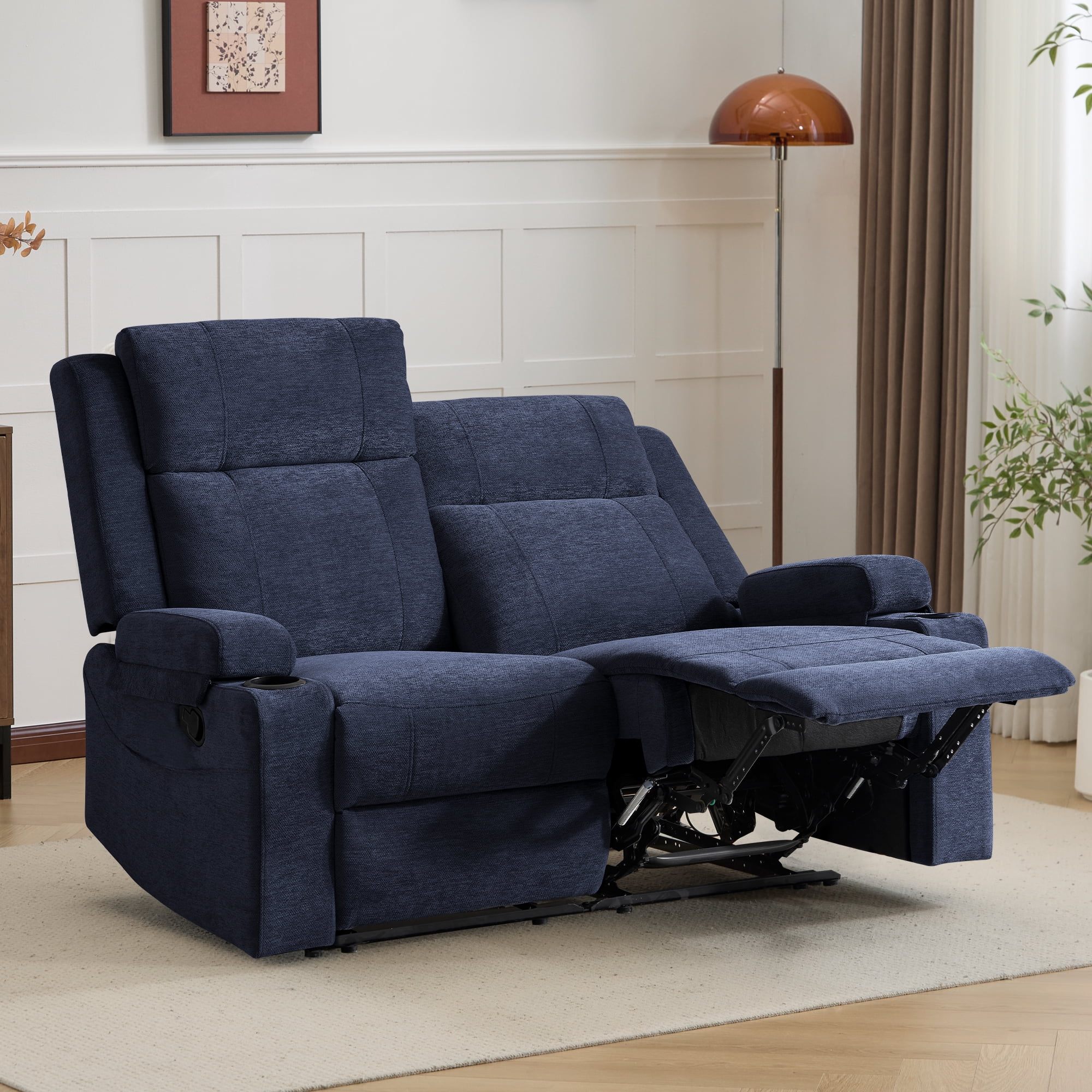 Chenille Reclining Couch, Manual Reclining Loveseat with Cup Holders, Wide Seat, Spill-Resistant Fabric, Easy Assembly, for Living Room/Apartment/RV Recliner Sofa