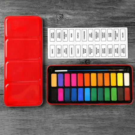 1 Set 24 Colors in Fashion Red Iron Box Watercolor Painting Set With Brush Portable Soild Watercolor Paints for Artist School