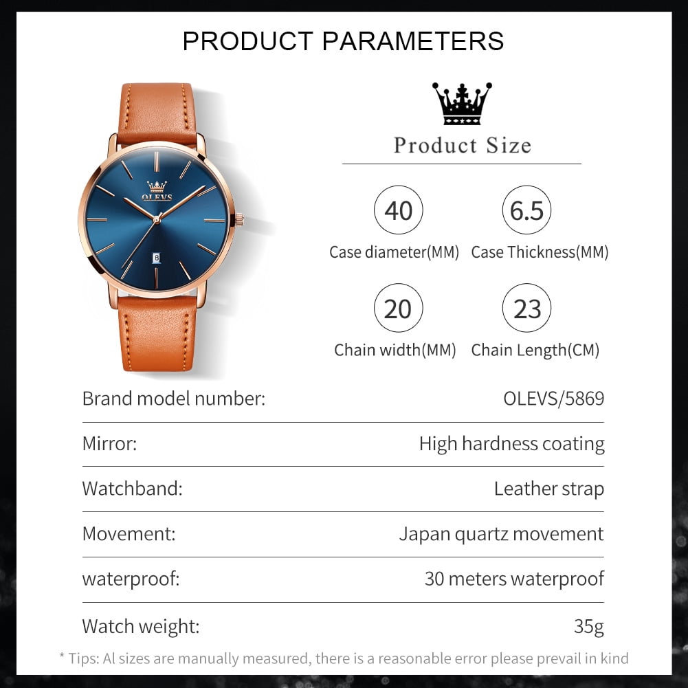 OLEVS Watches for Men Minimalist Ultra Thin Fashion Casual Analog Quartz Date Watch Waterproof Slim Simple Big Face Dress Mens Wrist Watches with Retro Leather Band for Men Reloj para Hombre