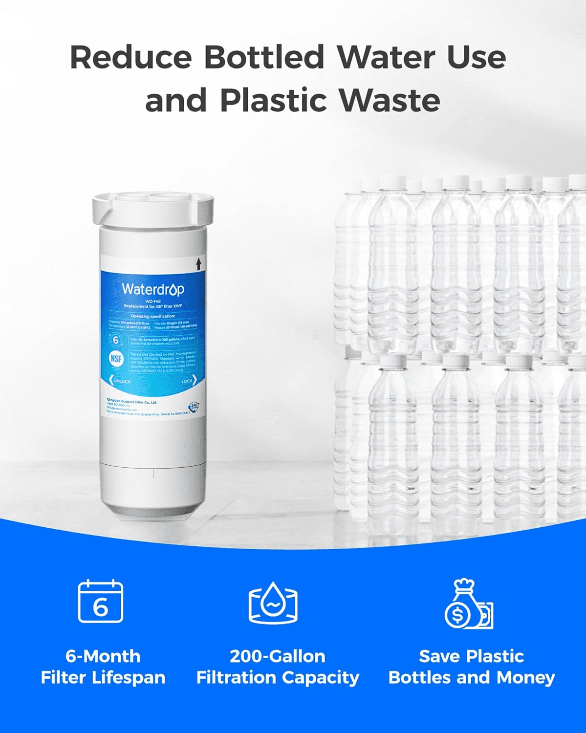 Waterdrop XWF Water Filter for GE® Refrigerator, Replacement for XWF GE® ,6 Filters (not XWFE)