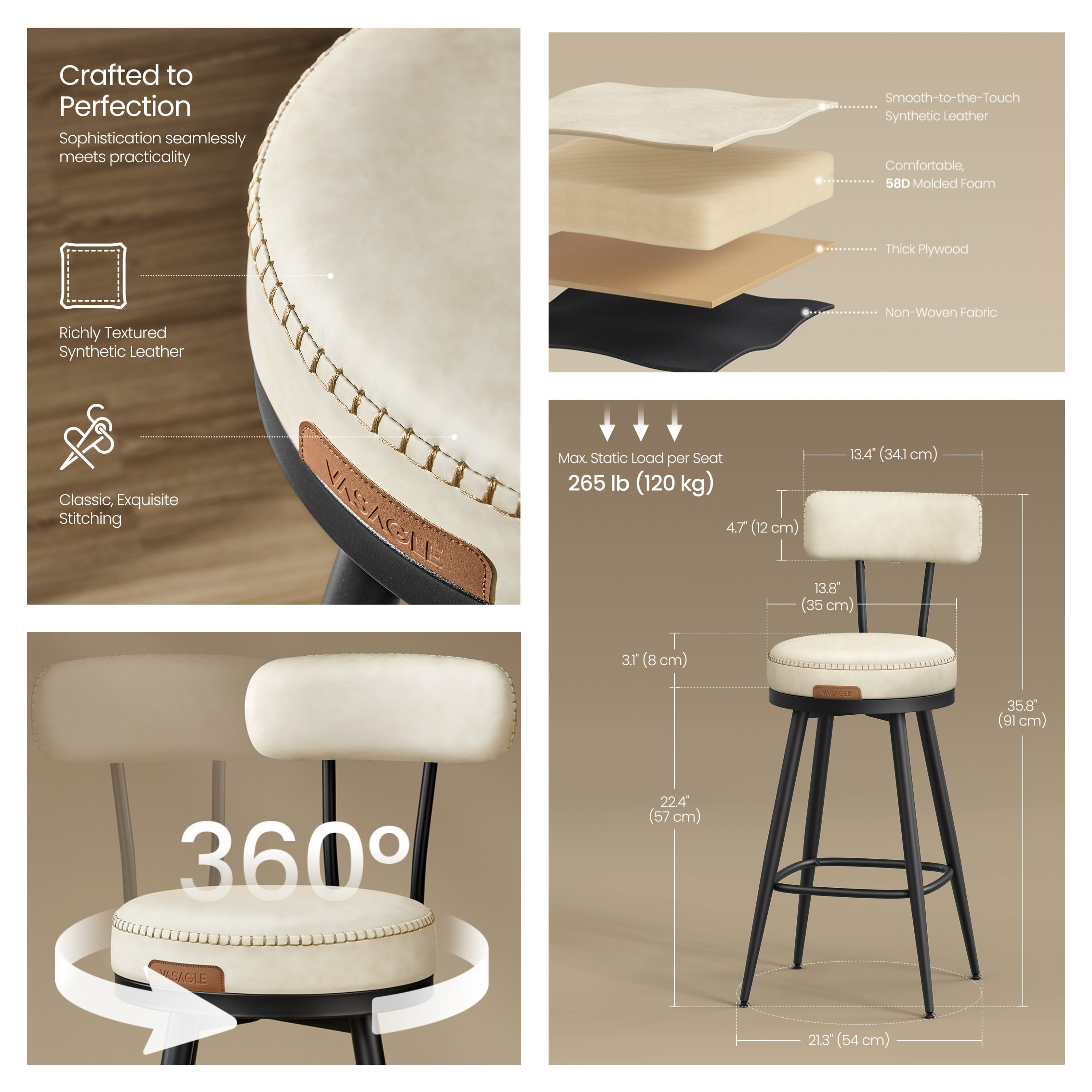LEDREM Set of 2 Swivel Bar Stools, 25.6-Inch Counter Height Stools with Backrest & Synthetic Leather, Mid-Century Modern, Cream White