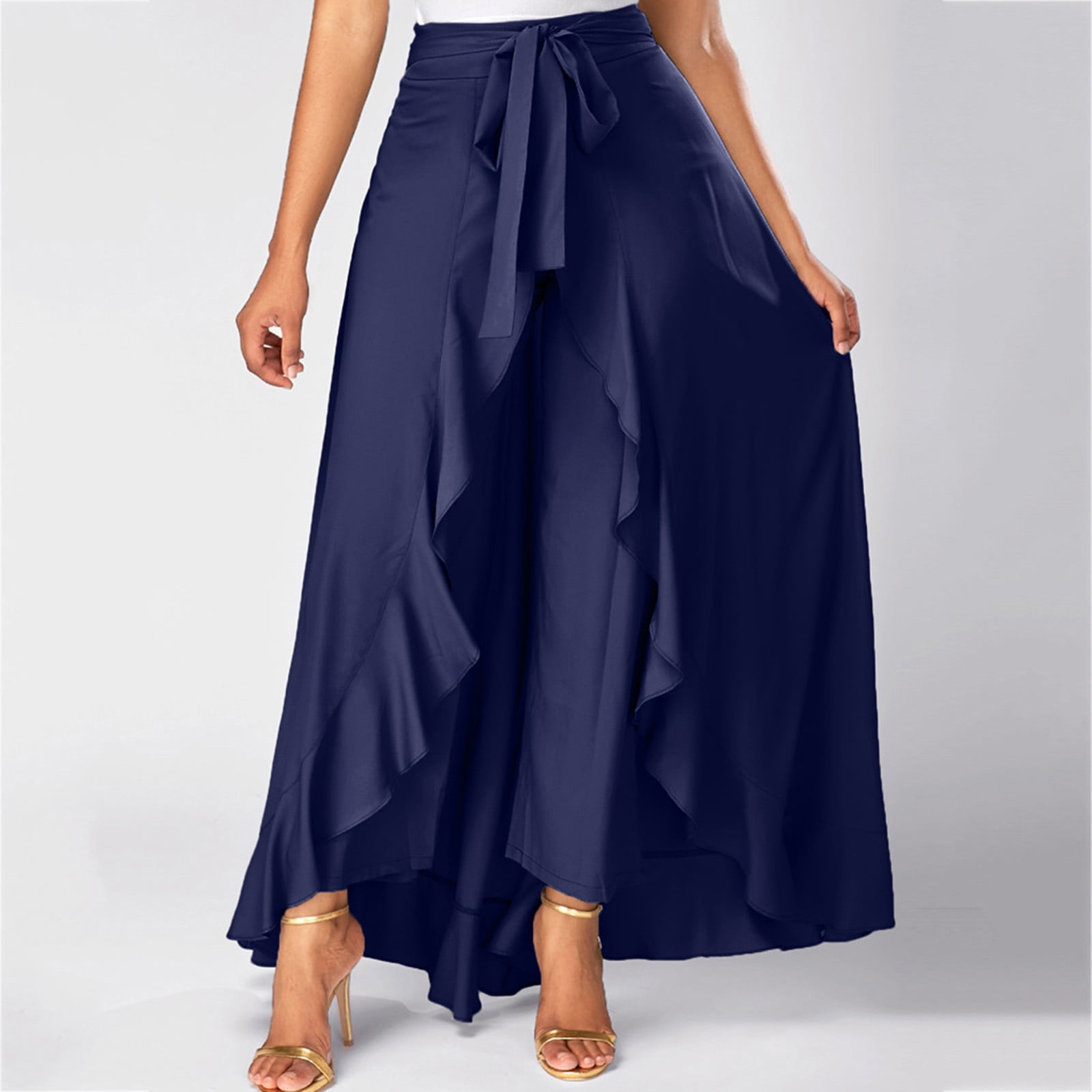 Women s High Waisted Long Skirt Casual Solid Color Ruffle Irregular Hem Tie Waist Flowy Summer Beach Maxi Skirt Walmart