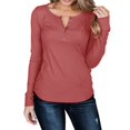 thumbnail image 2 of Jersey para mujer, camisa de manga larga, Color puro, informal, botón delgado, tejido acanalado frontal, túnica de otoño para otoño, primavera, rojo ladrillo M, 2 of 6