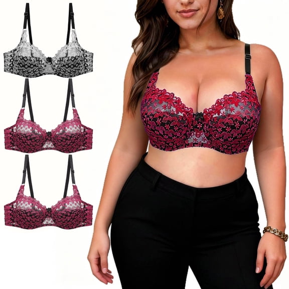 Turilly Bras 3 Pack Plus Size Womens Lace Underwire Bra Push Up Hollow Out Comfortable Fit Everyday Bras