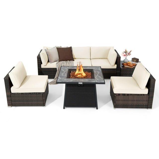 Gymax Set of 7 Patio Furniture Set w/ 35'' Propane Gas Fire Pit Table & Waterproof Cover Off White