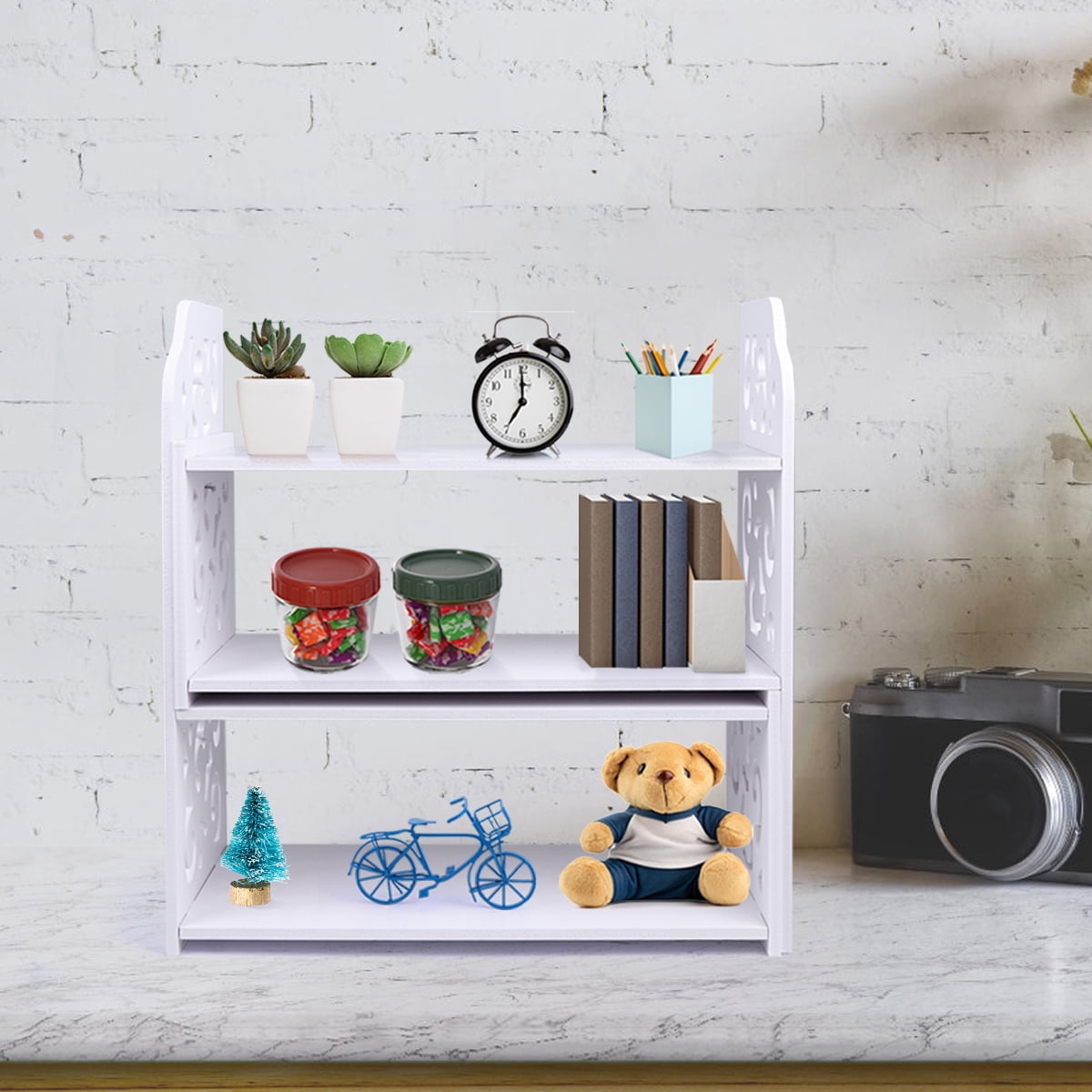Tineasur White Wooden Desktop Bookshelf Desk Organizer Office Shelves for Space Saving and Storage