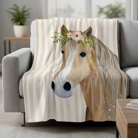 Farm Horse Fleece Throw Blanket Farmhouse Horse With Red Flower Leaf Beige Vertical Stripe Ultra Soft Fuzzy Cozy Flannel Throw Blanket for Couch Sofa Bed Car Travel, Ideal Gifts 50x60 Inches
