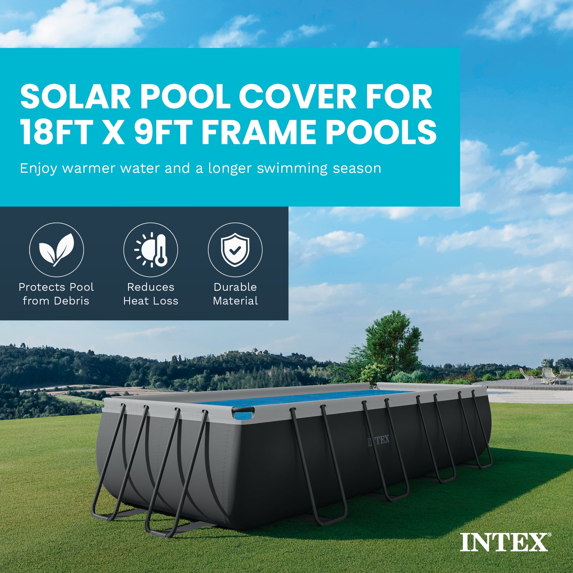 Intex: Solar Pool Cover - 18' x 9' - Blue, Polyethylene, Insulates Water, Reduce Evaporation, Keep Debris Out, Rectangle Above Ground Pool Accessory
