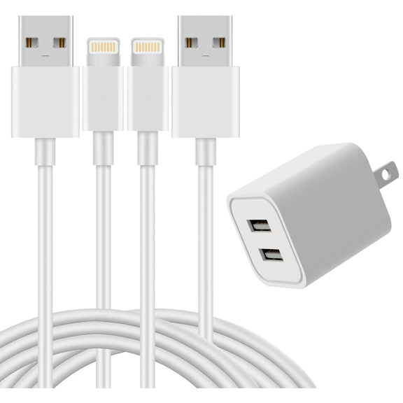 Charger, 2-Port Power Adapter 2.1A Cube with 2-Pack 6FT TPU Charging Charge Cable Cords Compatible with iPhone X/8 Plus/7 Plus/6S/6 Plus/ 6S Plus/5/5S/5C/XS/XR/XS Max/iPad Case - White