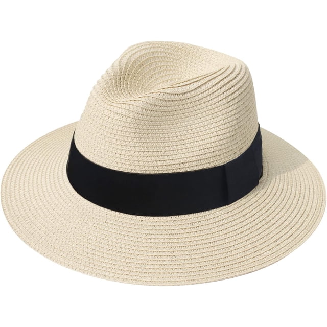 Women Straw Panama Hat Travel Fedora Beach Sun Hat Summer Wide Brim Straw Roll up Hat UPF 50+