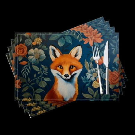

BaHomeck placemats Set of 4 Cute Fox In Front Of Blue Floral Background Cotton Linen rectangle Placemats for Kitchen Dining Table Indoor Outdoor 18*12inch