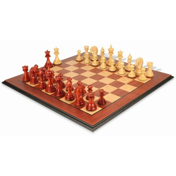 Cyrus Staunton Chess Set Padauk & Boxwood Pieces with Padauk & Bird's Eye Maple Molded Edge Board - 4.4" King