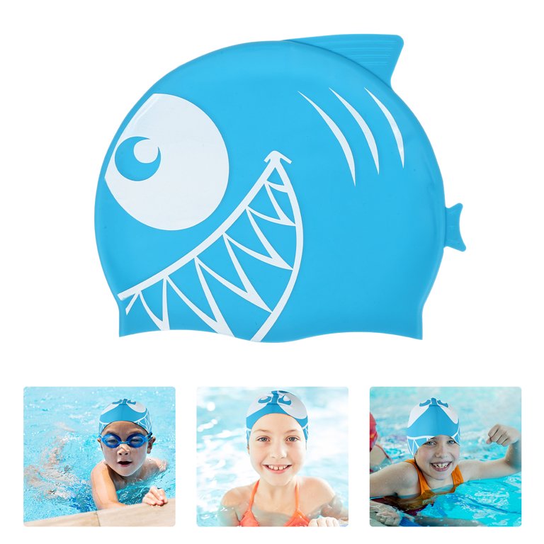 2PCS Swim Cap Kids Shark and Small Fishes Waterproof Silicone Fit