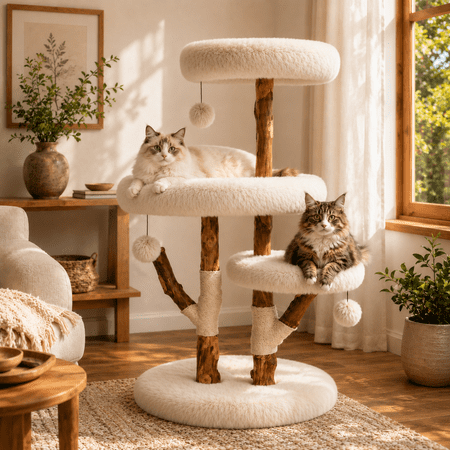CANVORA 44 in. Natural Wood Cat Tree for Large Cats 45 lb Cat Tower with 3 Plush Perches and Sisal Scratching Posts Beige