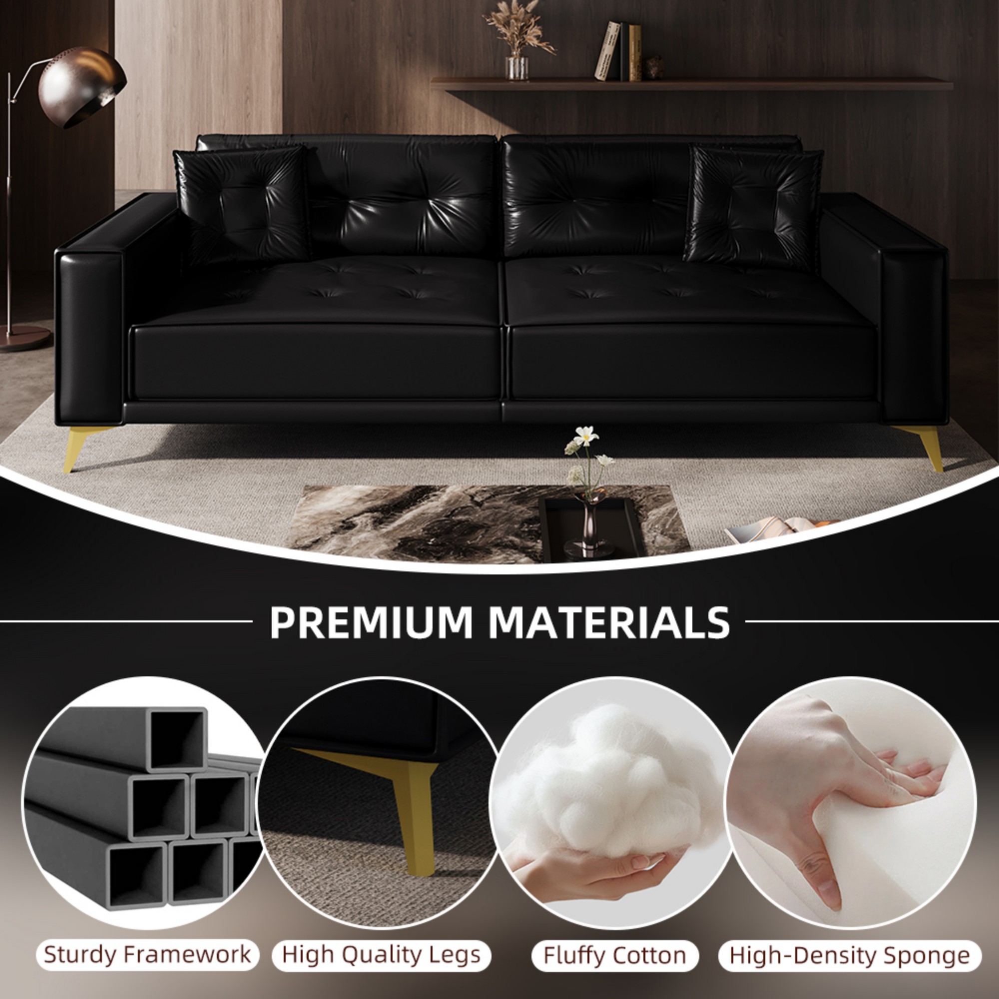 DEALTOPS 92" Modern 4-Seater Faux Leather Pull Out Sofa Bed, King Size 3-in-1 Sleeper with 2 Pillows, Black