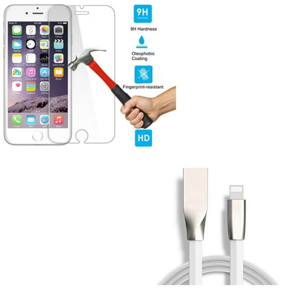 iPhone 8/7/6S/6 - Tempered Glass Screen Protector w 6ft USB Cable - HD Clear 2.5D Round Edges Display Cover Guard, Flat Charger Cord Power Wire Sync for iPhone 8/7/6S/6