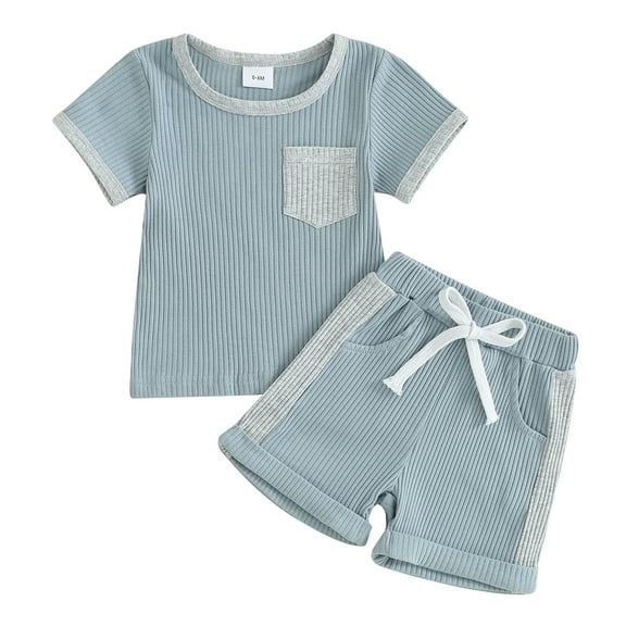 Musuos Infant Boys Summer Clothes Outfits 6 12 18 24M 3T Patchwork Ribbed Crew Neck Short Sleeve T-Shirts and Elastic Waist Shorts Suit