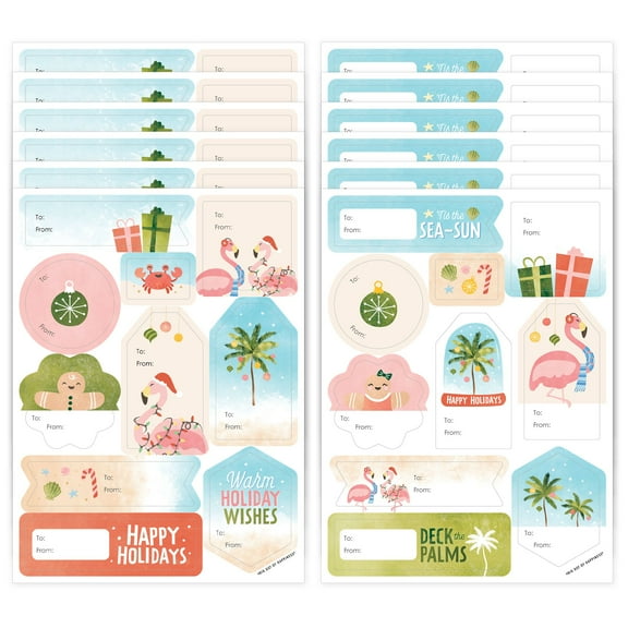 Big Dot of Happiness Beach Christmas Gift Tag Stickers, Assorted Tropical Holiday Party Gift Tag Labels, To and From Stickers - 12 Sheets - 120 Stickers