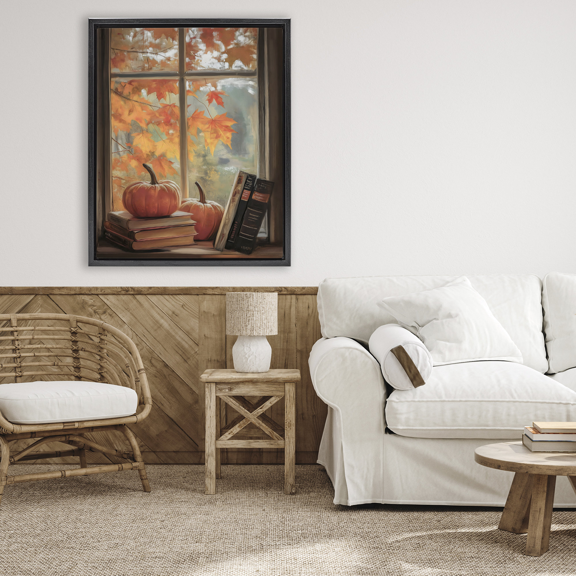 Cozy Fall Window Books Black Framed Floater Canvas Wall Art, design by Arlington Prints