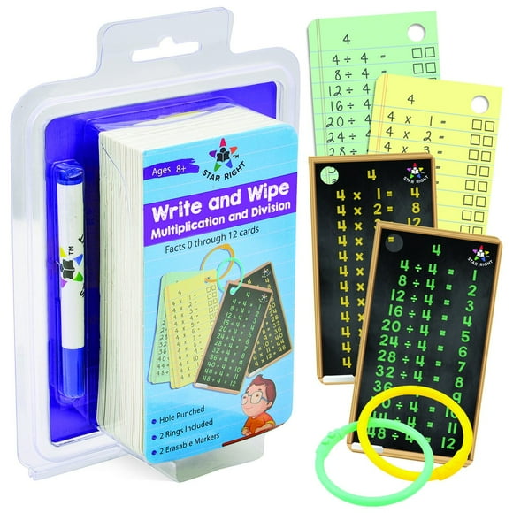 Star Right Cartes Flash de Multiplication et Division - Écrire et Effacer à Sec - Toutes les Faits 0-12 - Troués - 2 Anneaux de Classeur - 2 Marqueurs Effaçables - pour 8 Ans et Plus