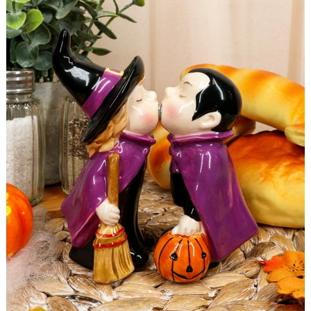 Ebros Halloween Witch Kissing Vampire Salt And Pepper Shakers Set Ceramic Magnet