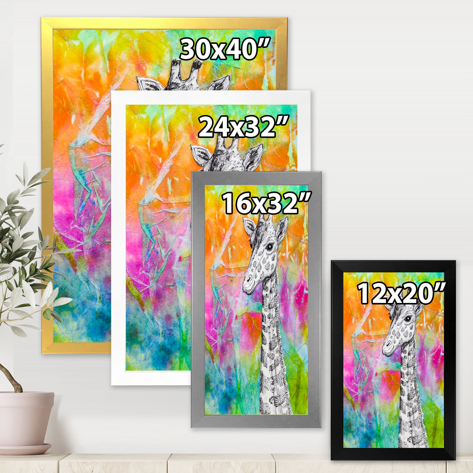 Designart 'Monochrome Giraffe Drawing On Bright Rainbow' Children's Art Framed Art Print