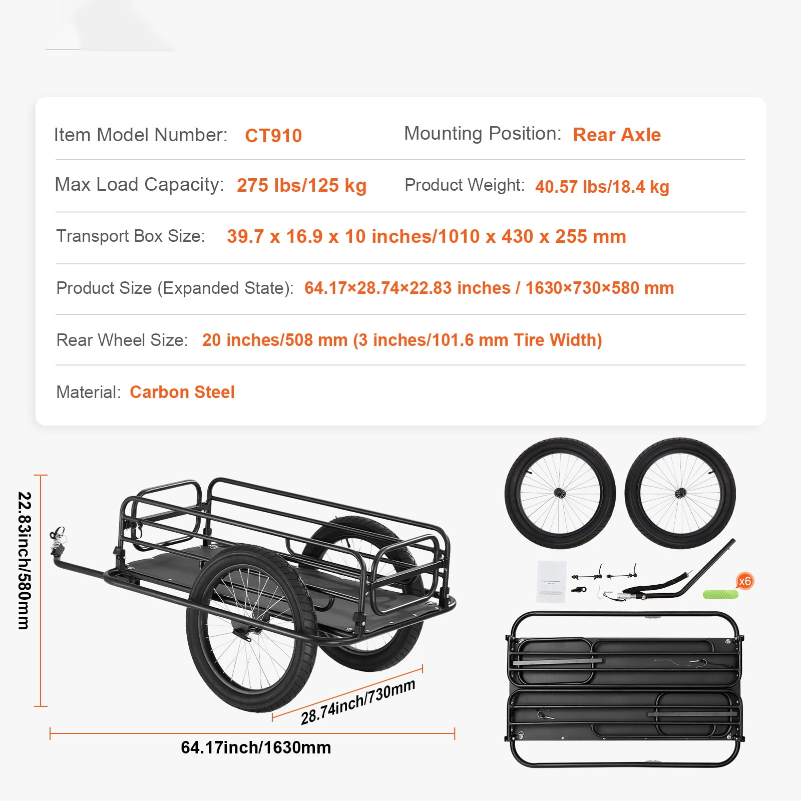 KFFKFF Bike Trailer for Cargo, 275 lbs Capacity, Sturdy Transport Carrier, Quick Fold & Store, Universal Bike Link, 20' Wheels, Fits Many Bike Types, Carbon Steel Build