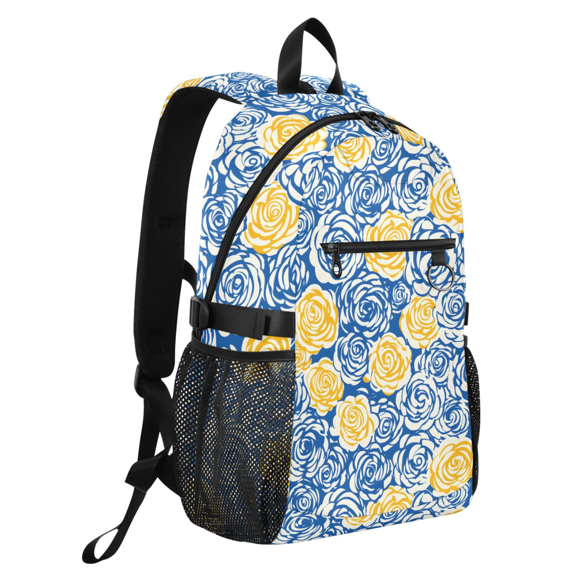 JIALIOU 14" Laptop Backpack Waterproof Airline Approved Stylish Casual Daypack for Travel Business College Work, Blue Yellow Rose