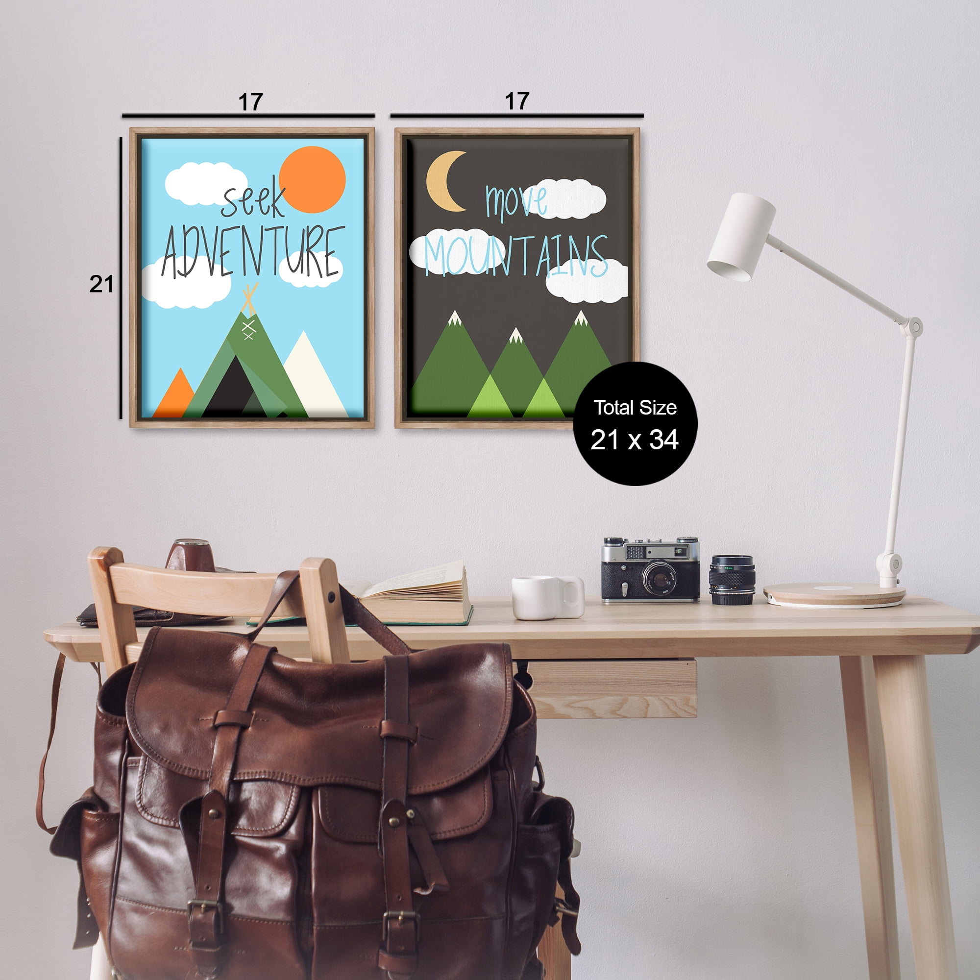 Stupell Industries Seek Adventure Move Mountains Text & Numbers Painting Brown Floater Framed Canvas Art Print Wall Art, 17 x 21, Set of 2