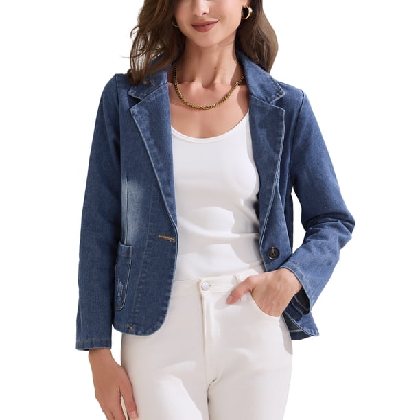 BLAZER DE MEZCLILLA LAVADO PARA MUJER INSPIRADO EN CHIC, CHAQUETA DE OFICINA CASUAL CON SOLAPA CON MUESCA XS AZUL