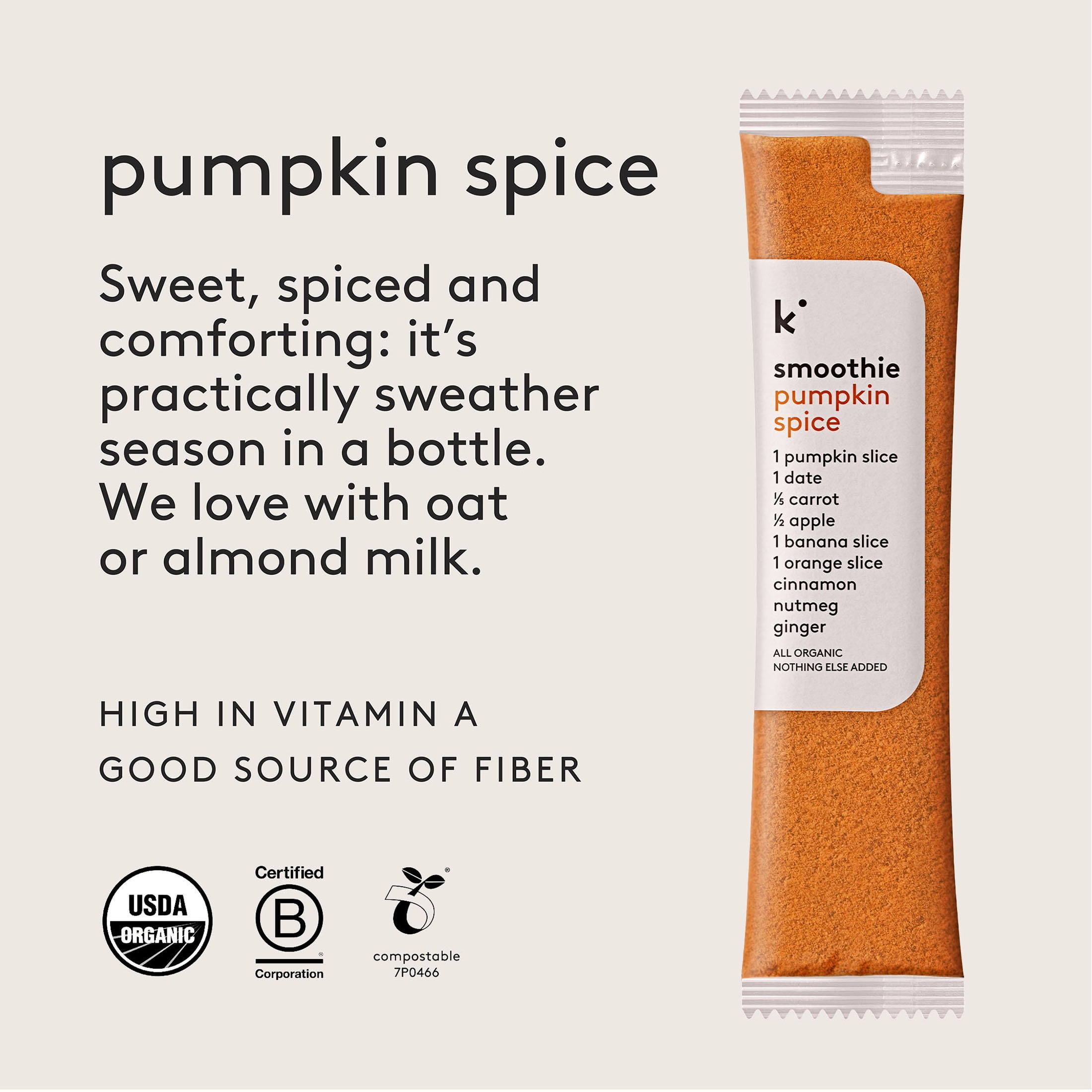 Kencko Pumpkin Spice Organic Instant Fruit & Veggie Smoothies, Powdered Drink Mix, .78 oz, 4 Pack