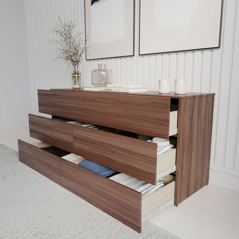Nexera James Modern 6 Drawer Dresser, Walnut, Scandinavian Design