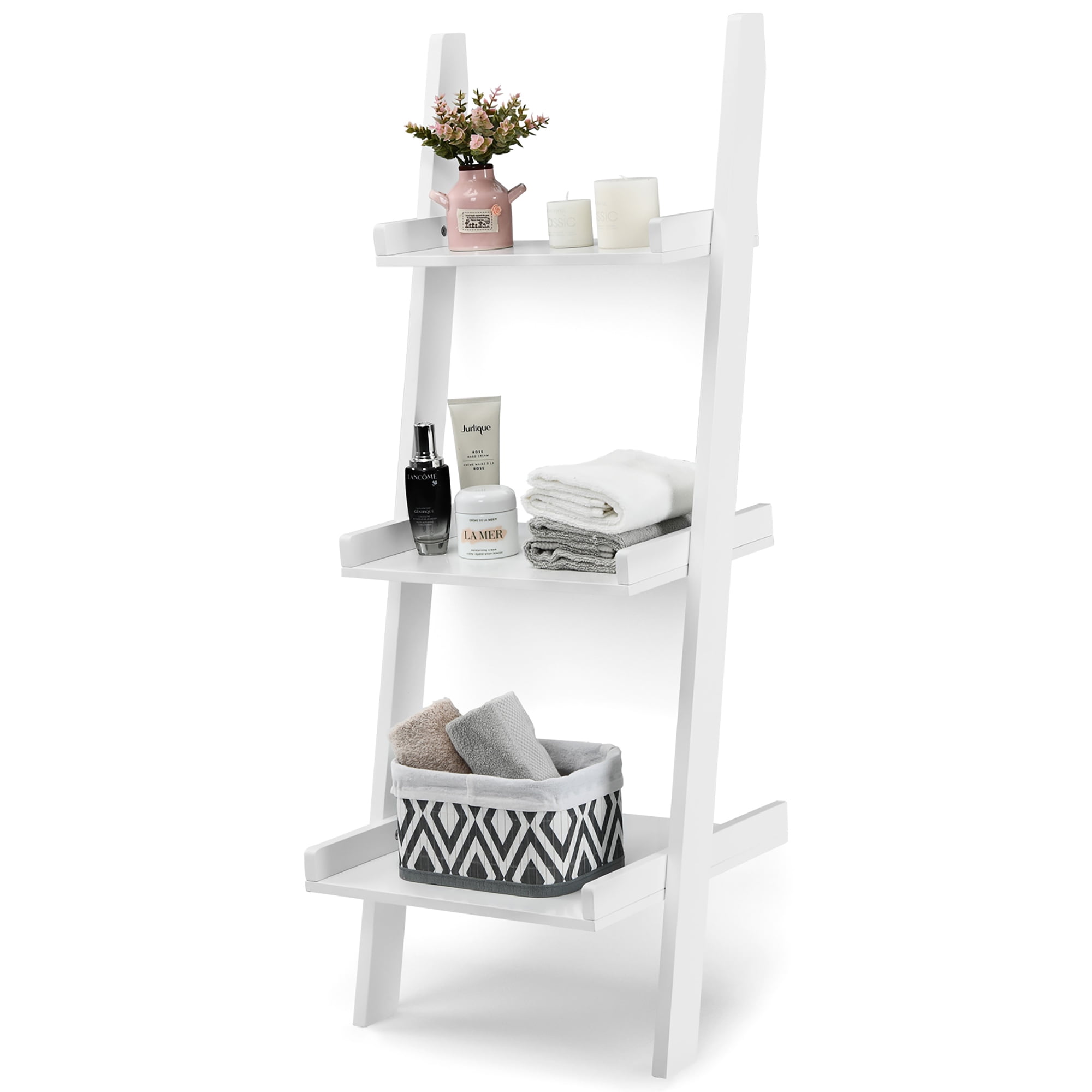 Costway 3 Tier Leaning Wall Ladder Book, 5 Tier Leaning Wall Bookcase Shelf In White