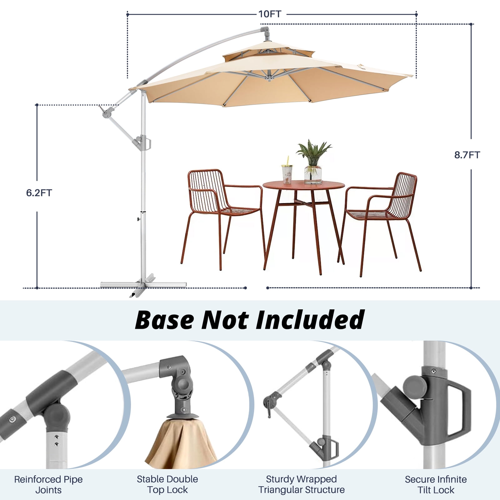 10' Outdoor Patio Umbrella, 2 Tiers Offset Hanging Umbrella, UPF50+ Large Umbrella for Patio, Yard, Pool Side, 8 Sturdy Ribs, Push Button Tilt and Crank, Beige