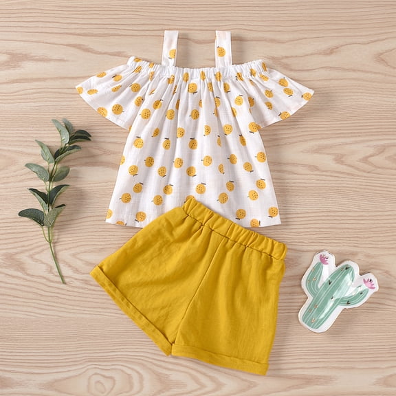 Vedolay Summer Sets Girls 2 Piece Girl's 2 Pieces Casual Outfit Set Round Neck Short Sleeve Tee and Belted Shorts Set,Yellow 6-7 Years
