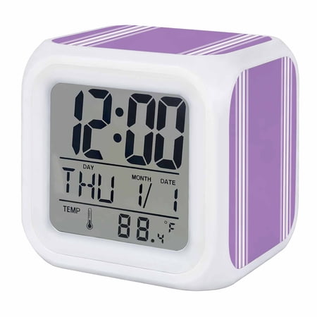 Alarm Clocks Purple Stripes Digital Clock 7 Color LED Night Light Silent Non-Ticking Battery Operated French Stripe Farmhouse Style Cube Clocks for Bedroom Bedside Living Room Office School