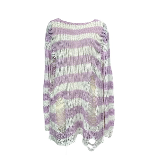 FAROOT Chemise Femme Ajourée Col Rond Rayée Tricotée Décontractée
