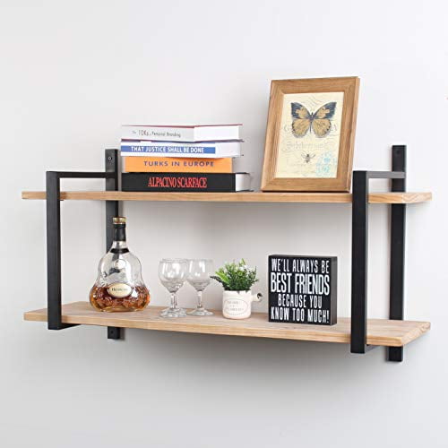Mbqq Industrial Floating Shelves Wall Mounted 36in Rustic Metal And Wood Book Shelves Hanging Wall Shelves For Bedrooms Office 2 Tier Bookshelf Wall Shelf Unit Natural Color Walmart Com Walmart Com