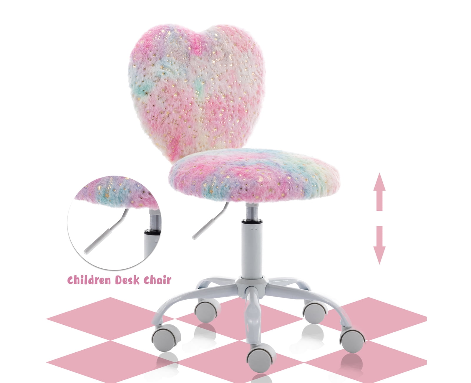 Guyou Cute Fuzzy Kids Chair, Faux Fur Rolling Swivel Children Desk Chair, Adjustable Student Task Chair Vanity Chair with Heart Shaped Back for Bedroom Living Room Study Room Kids Room , Colorful