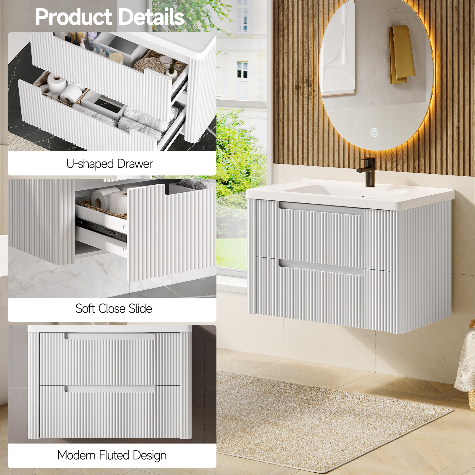 ROGALIS 32" Modern Bathroom Vanity, 2-Drawer, glossy resin Sink, Fluted Design,White