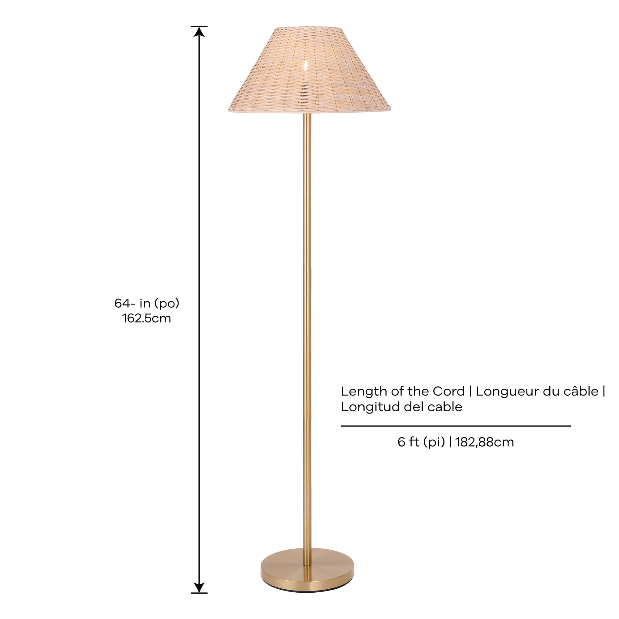 Décor Living Bali 1-Light Boho Floor Lamp with Rattan Shade, 61” Height, Weighted Base, for Living Room, Bedroom, Study, Office