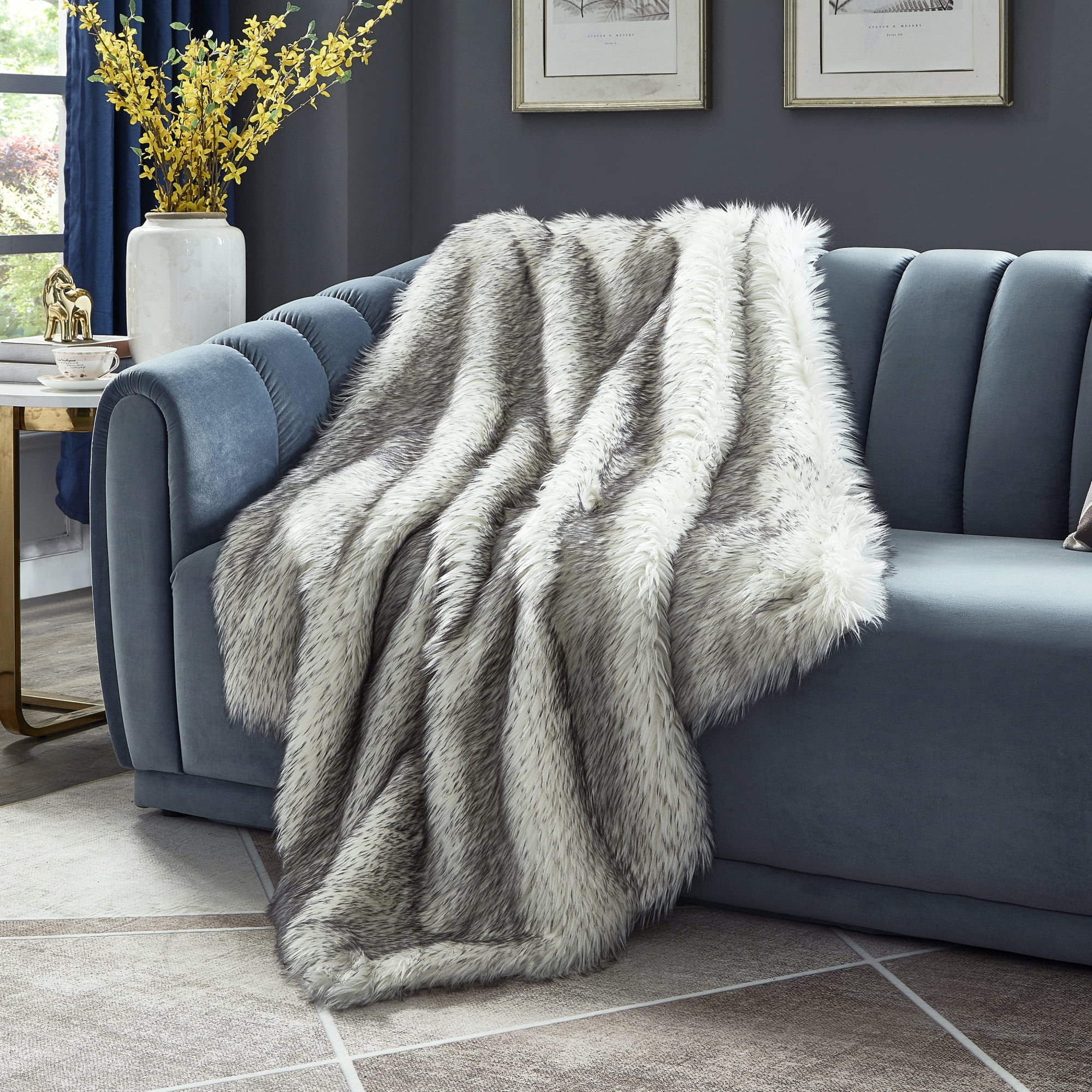 Cozy Tyme Odette Faux Wolf Fur Throw 50"x60", Dark Grey Wolf